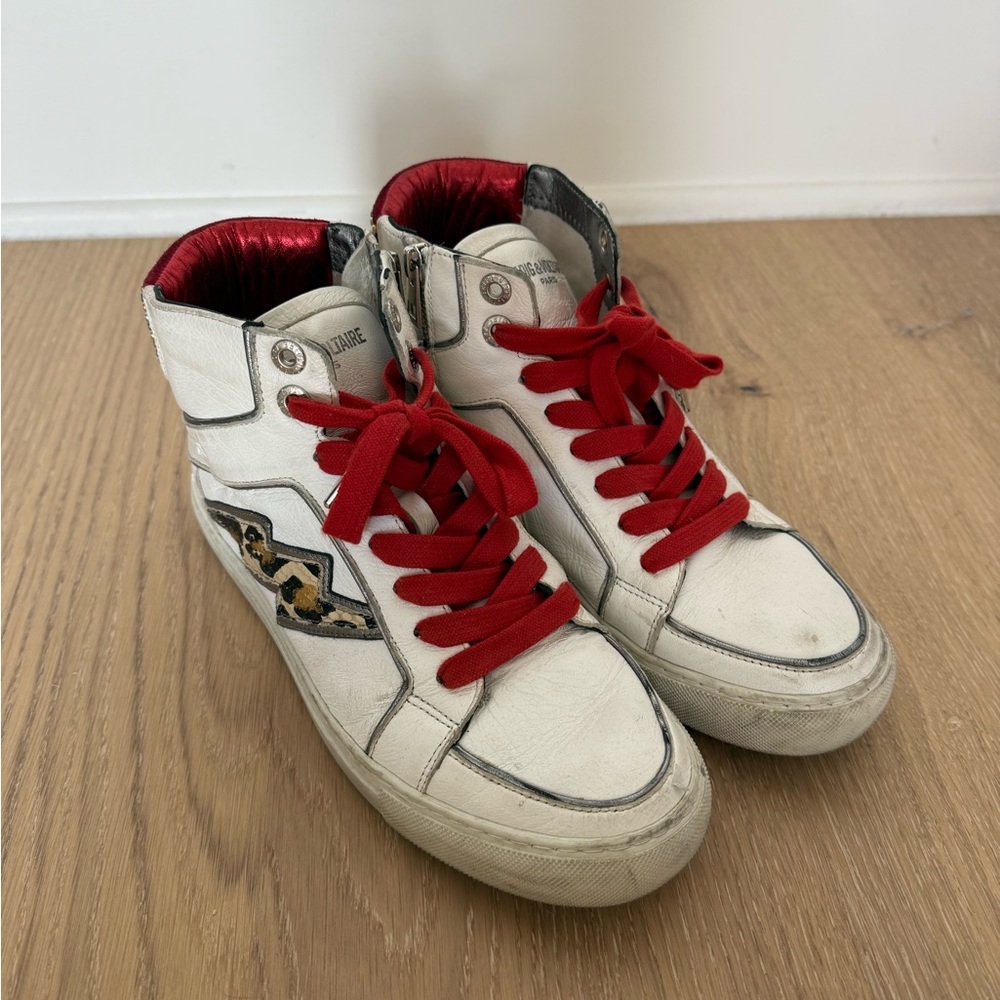 Zadig & Voltaire Flash Leo High Top Studded White Red Lightning Sneaker Size 39